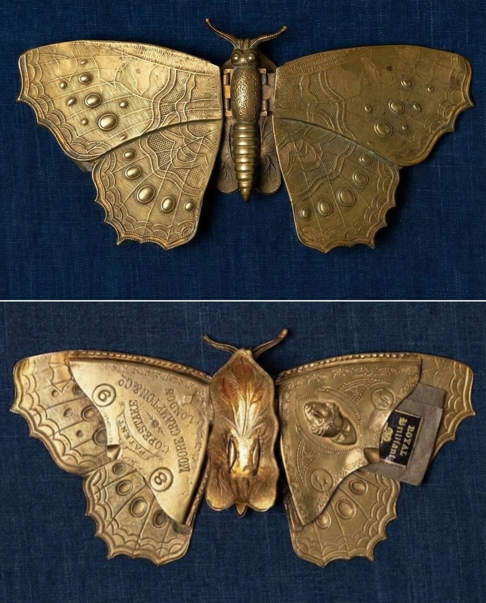 Victorian Butterfly Needle Case. Culture: British, circa 1871. Material: Pressed (gilded) brass. Manufacturer: W. Avery &amp; Son.

This brass object is a mechanical case designed to hold sewing needles in 19th-century England. Copestake, Moore, Crampton &amp; Co., the company named on