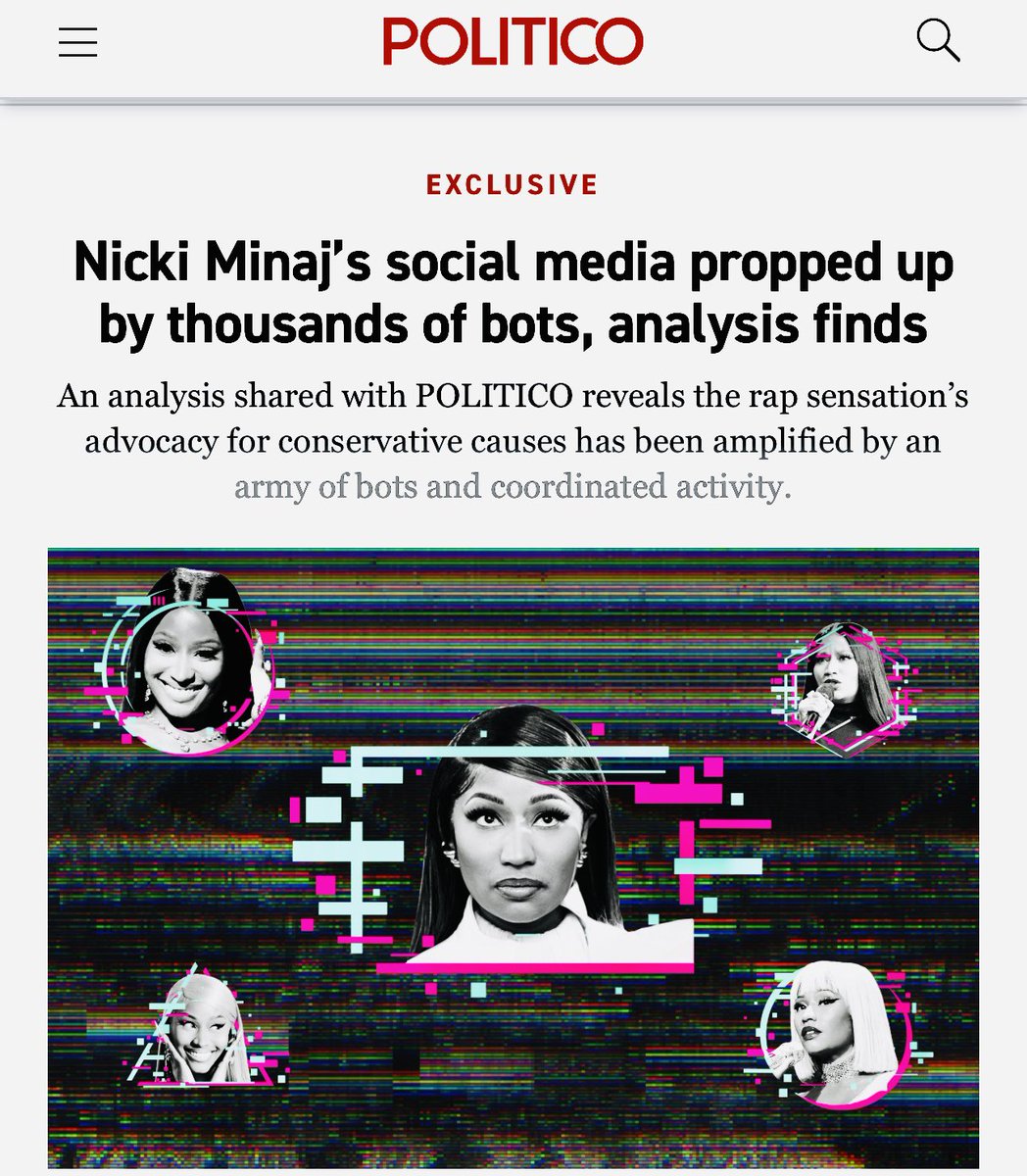 A coordinated network of 18,000 bots are being used to drive the algorithms on X to amplify Nicki Minaj’s right-wing political posts. politico.com/news/2026/02/2…