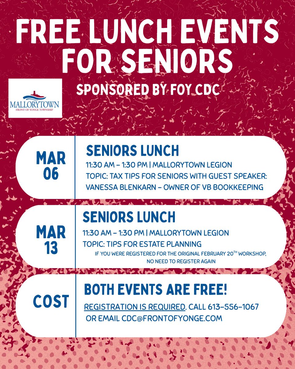 Call 613-556-1067 or email CDC@frontofyonge.com to register. 
Please note, if you were registered for the original February 20th workshop, there is no need to register for the rescheduled date on March 13th.
