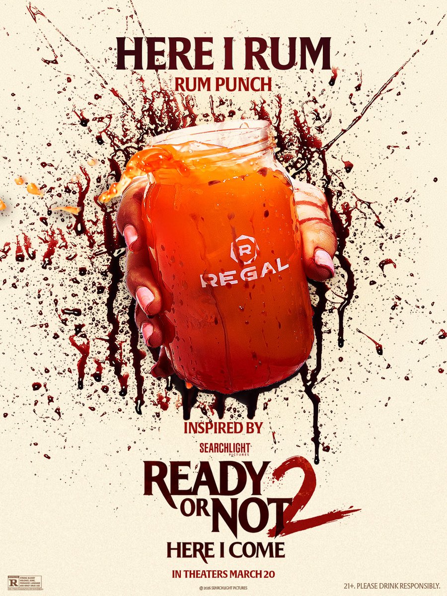RegalMovies's tweet image. Ready or not....Here I Rum. A dangerously smooth rum punch with tropical sweetness and a wicked little bite. One sip and you’re in the game.

Enjoy when you see #ReadyorNot2, in theatres March 20.

🎟️: regmovi.es/4qj24lQ