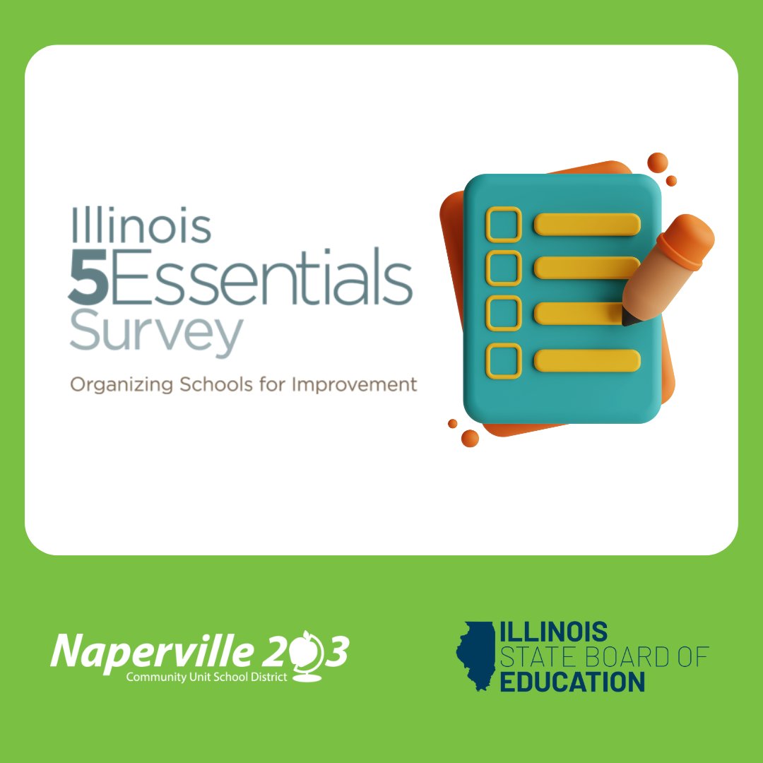 Naperville203's tweet photo. The Illinois 5Essentials Survey is live. Your feedback on your school’s environment and instruction helps us grow. The state will provide survey results for individual schools if at least 20% of parents take the survey.

Take the survey here: https://t.co/Oj9yMlZur9
#WeAre203 https://t.co/i2VolEES3e