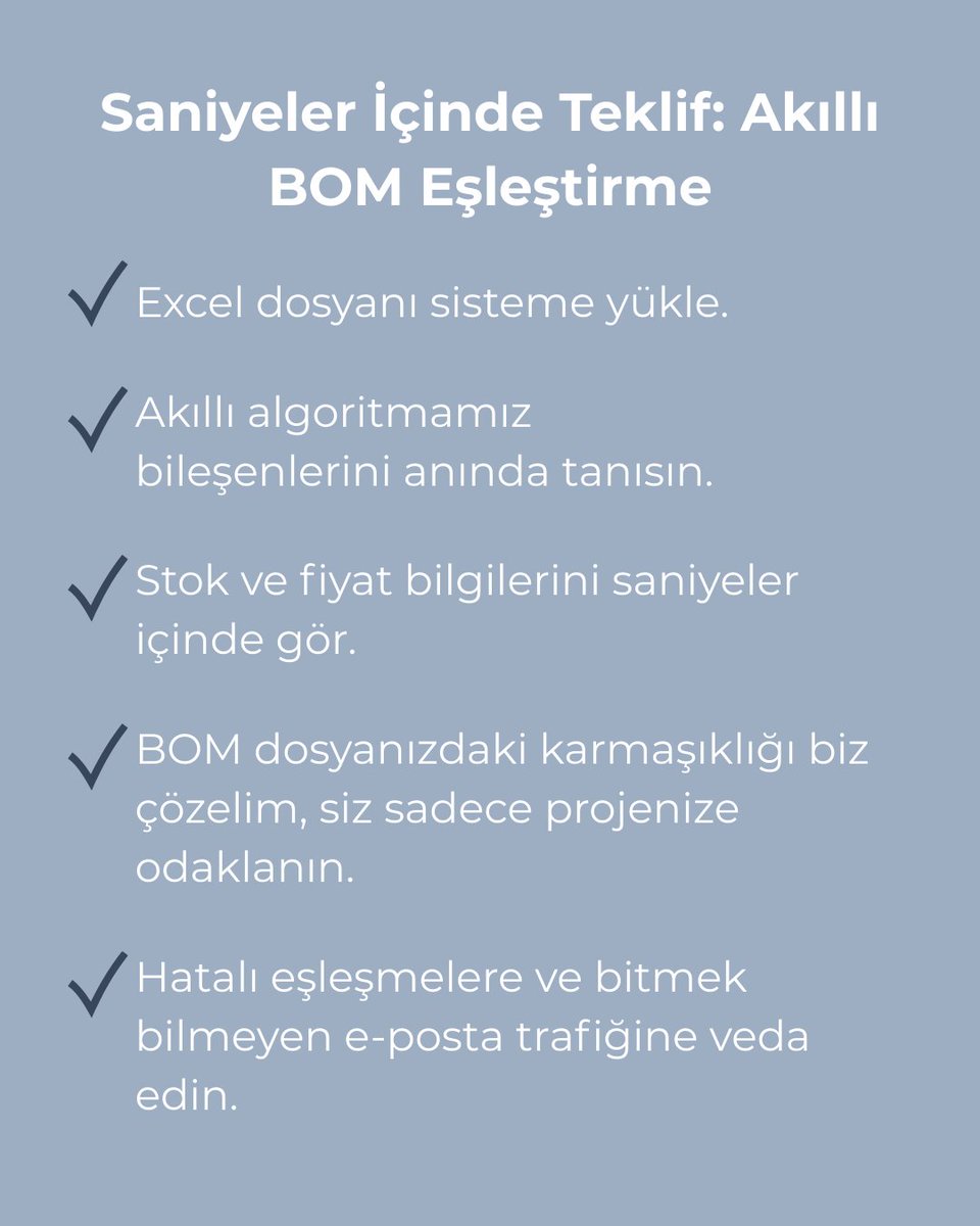 ilega_comtr's tweet photo. Mühendislerin en büyük kabusu sona erdi! 🛠️

BOM listesi için günlerce fiyat beklemeye son. Excel dosyanı yükle, saniyeler içinde teklifini al. ⏱️

Hızla tanışmak için: 👉https://t.co/LSpVZ0GKDU
#ilega #mühendislik #BOM https://t.co/vE6DGTsD3m