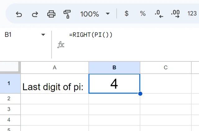 Last digit of pi is 4. Proof by spreadsheet: