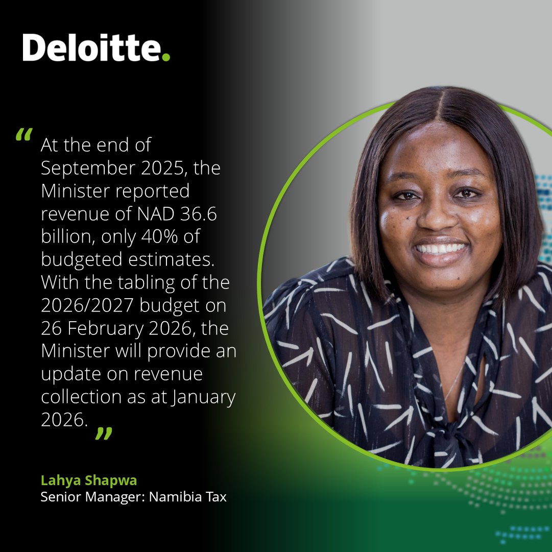 By September 2025, revenue reached N$ 36.6 billion - 40% of estimates. An update is expected at the 26 February tabling of the 2026/27 Namibian National budget.

#Nationalbudget #DeloitteNamibia #DeloitteTax #togethermakesprogress