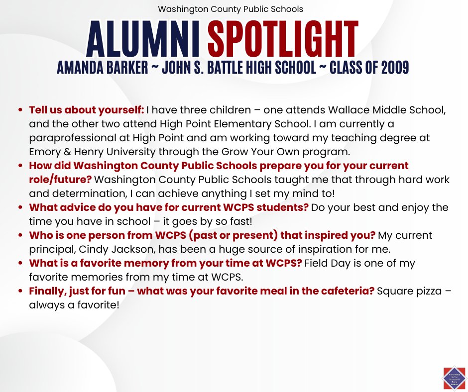 jsbhs_trojans's tweet photo. 🌟WCPS Alumni Spotlight: Amanda Barker ~ John S. Battle High School ~ Class of 2009.
We are thrilled to highlight Amanda Barker, a proud John S. Battle High School graduate! https://t.co/eGlIAiZmMQ