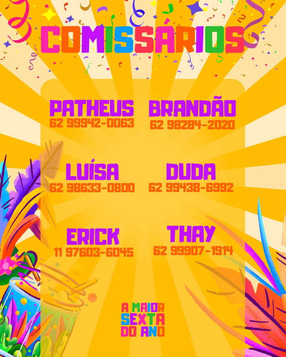 Ansiosos? Pois tome. O local está confirmadíssimo.🔥

O palco da Maior Sexta Do Ano é onde você já conhece e adora: Cuca da UEE-GO (antigo DCE). 😎

🗓️ Save The Date | 27/02
🎭 A Maior Sexta Do Ano
📍 Local: Cuca da UEE-GO (Ex DCE)
🎟️ Ingressos com comissários ou pela Cheers!