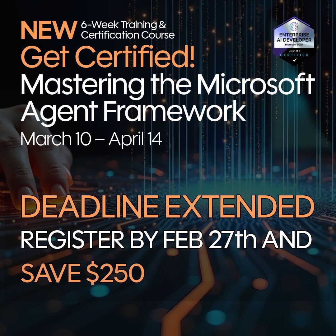 VSLive's tweet photo. There's still time to save $250 on Mastering the #Microsoft Agent Framework, taught by @linotadros.

Early Bird pricing now ends Feb. 27th.

Learn more and register at https://t.co/zVSMNgeJVR https://t.co/R5C3ooIggr