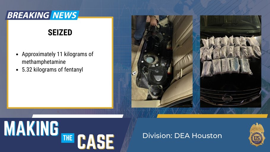 DEAHQ's tweet photo. #ICYMI #MakingTheCaseMonday @DEAHoustondiv investigation led to the seizure of approximately 11 kilograms of methamphetamine and 5.32 kilograms of fentanyl. A Sinaloa cartel driver was convicted for role in a drug trafficking operation @TheJusticeDept
https://t.co/yYH4zVcdCX https://t.co/AwPjPnGEjt