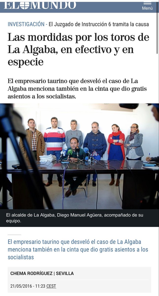 JBAYORT's tweet photo. Ha dimitido el alcalde de La Algaba, Diego Manuel Agüera (PSOE), por el supuesto acoso sexual a un novillero de 14 años. Hablamos del mismo que decía dar contratos «porque le salía de la polla», que también fue acusado de pedir mordidas a un empresario taurino y que clausuró su escuela taurina tras un "robo" del que nunca más se supo.

Afortunadamente, el novillero se encuentra bien y la escuela taurina sigue funcionando, ya como entidad privada.