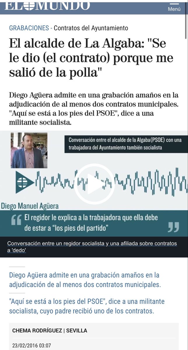 JBAYORT's tweet photo. Ha dimitido el alcalde de La Algaba, Diego Manuel Agüera (PSOE), por el supuesto acoso sexual a un novillero de 14 años. Hablamos del mismo que decía dar contratos «porque le salía de la polla», que también fue acusado de pedir mordidas a un empresario taurino y que clausuró su escuela taurina tras un "robo" del que nunca más se supo.

Afortunadamente, el novillero se encuentra bien y la escuela taurina sigue funcionando, ya como entidad privada.