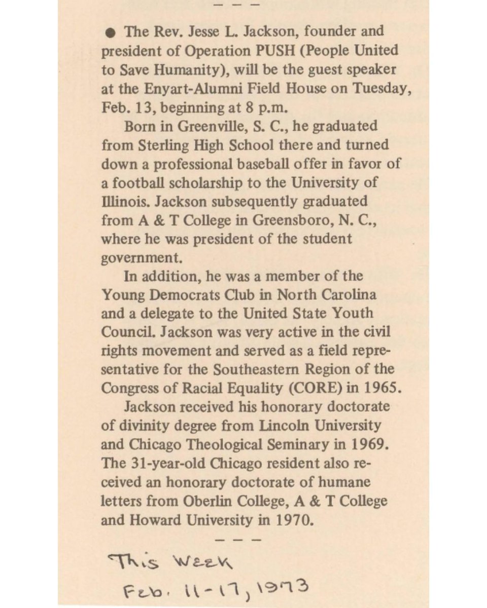 RollinsArchives's tweet photo. Today we remember Reverend Jesse L. Jackson, who passed away last week. The civil rights leader once visited #RollinsCollege in 1973 to speak during the first Black Awareness Week sponsored by @rollinscollege_bsu.

#BlackHistoryMonth #RollinsHistory https://t.co/YX4jWzQNi7