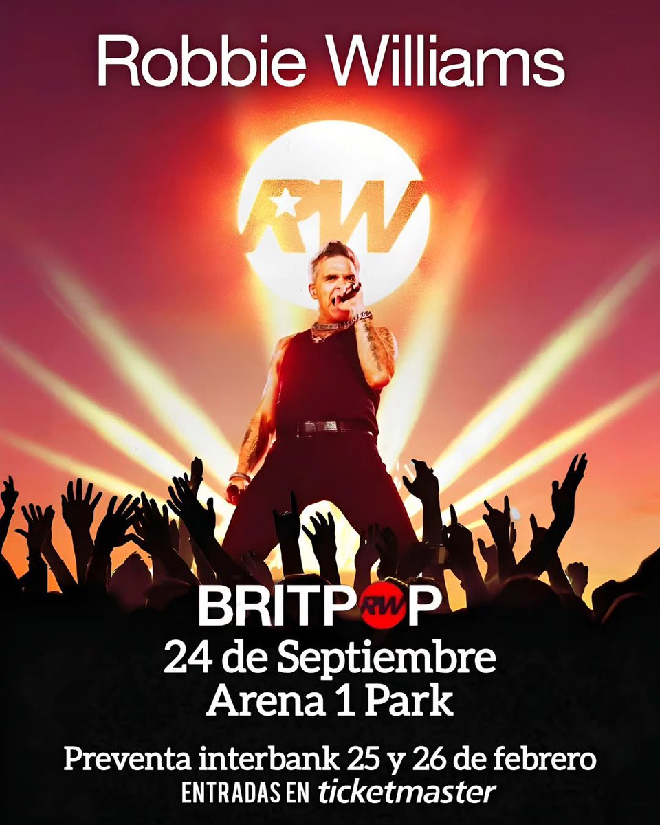 📣 El gran ROBBIE WILLIAMS 🇬🇧 llega a Perú 🇵🇪 en 2026 con su esperada gira Britpop. 

El show se realizará en algo que se ha denominado “Arena 1 Park” y que tememos no será ni Park ni Arena. 

🗓️ 24 setiembre
🎟️ Preventa Interbank 25 y 26 febrero por Ticketmaster.pe