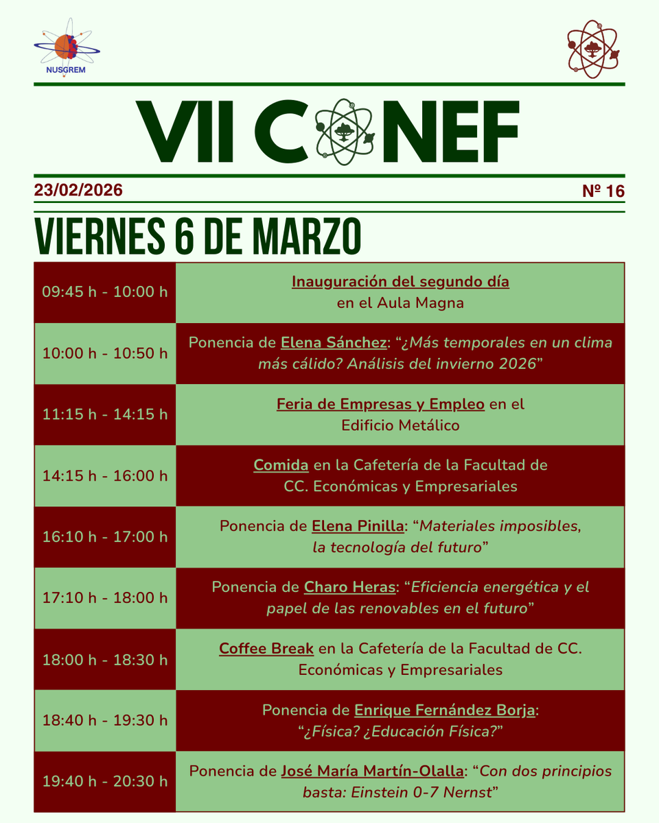 conef_es's tweet photo. ¡Aquí tenéis el horario oficial del VII CONEF! 🕐

Ya quedan menos de 10 días para que arranque el congreso y la emoción se siente en el aire. ¿Estáis listos? Estad atentos a nuestras redes sociales en los próximos días porque todavía faltan algunas sorpresas! 🫶

#CONEF #nusgrem https://t.co/jGOYup5wsO