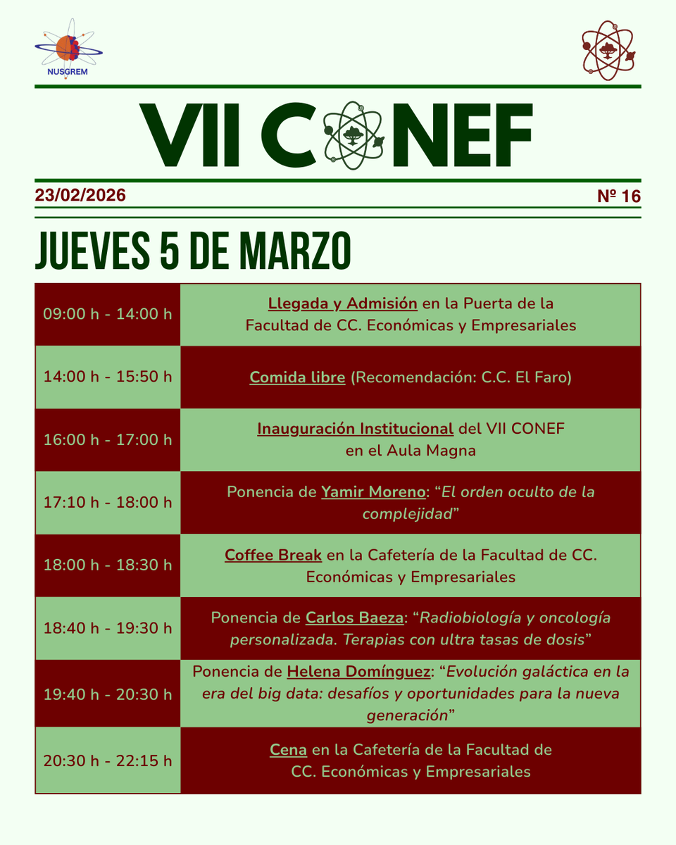 conef_es's tweet photo. ¡Aquí tenéis el horario oficial del VII CONEF! 🕐

Ya quedan menos de 10 días para que arranque el congreso y la emoción se siente en el aire. ¿Estáis listos? Estad atentos a nuestras redes sociales en los próximos días porque todavía faltan algunas sorpresas! 🫶

#CONEF #nusgrem https://t.co/jGOYup5wsO
