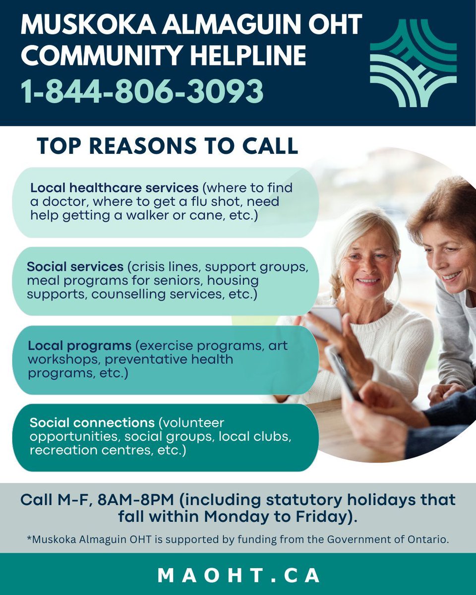 MuskokaAlmaguin's tweet image. Need help finding local supports in Muskoka &amp;amp; Almaguin? 🏥💬

Call the OHT Community Helpline: 1‑844‑806‑3093 (Mon–Fri, 8–8). One call connects you to healthcare, programs, and community resources. 

🌐 Learn more at: maoht.ca

#MAOHT #OHT #OntarioHealthTeam