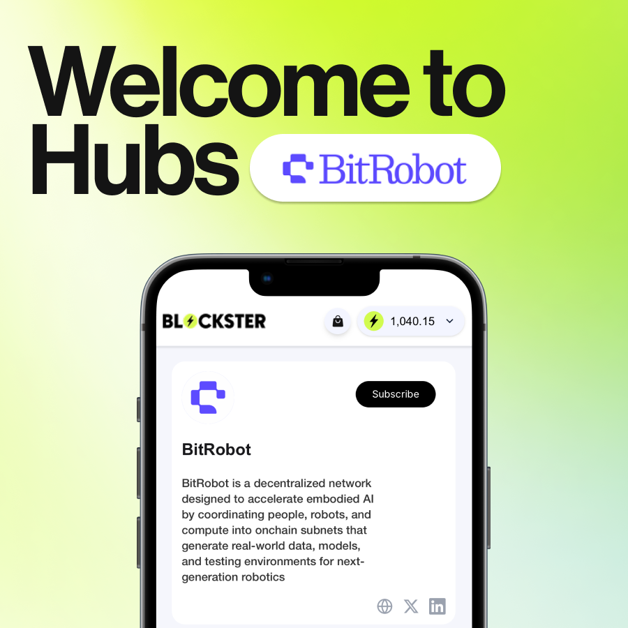 BlocksterCom's tweet photo. .@BitRobotNetwork just launched their Hub on #Blockster π
Subscribe for their latest stories, updates, and behind-the-scenes drops.
First to join earn 250 BUX bonus!
Use BUX to play games, enter airdrops, and shop all in one place https://t.co/YKJ46Y15bK
