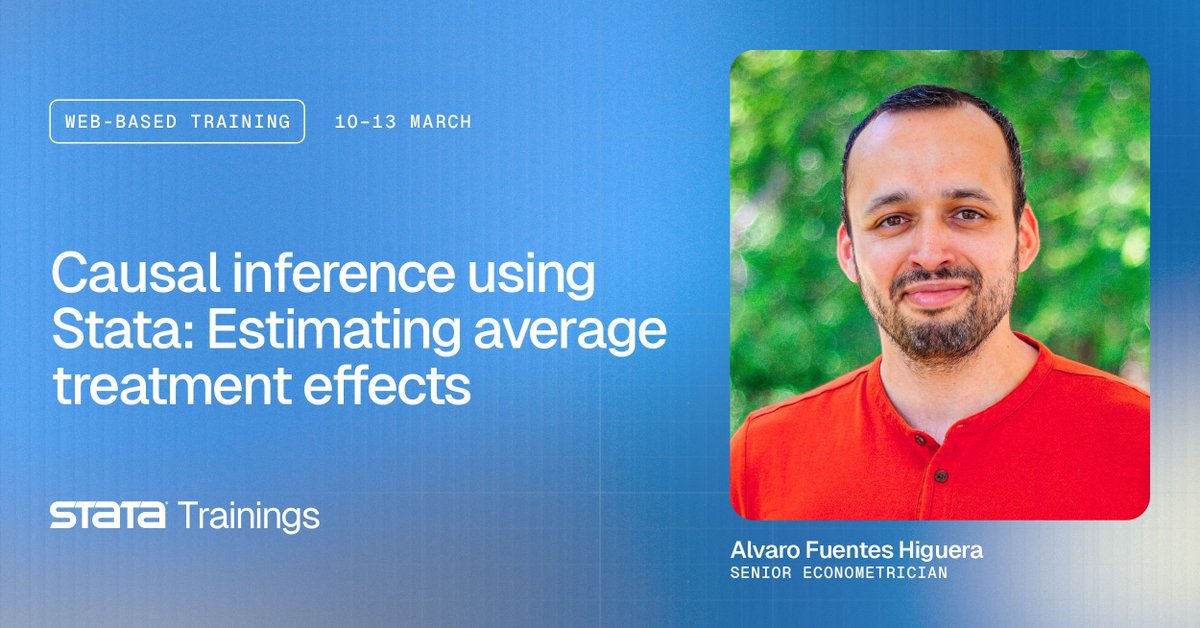 Stata's tweet photo. Upcoming training: “Causal inference using Stata”
📅 10–13 March w/ Alvaro Fuentes Higuera
Learn how to estimate average treatment effects in observational data using Stata’s treatment-effects estimators.
https://t.co/OYNiwbeeJG
#Stata #StataTraining #StataCommunity https://t.co/KMuZwccdYw