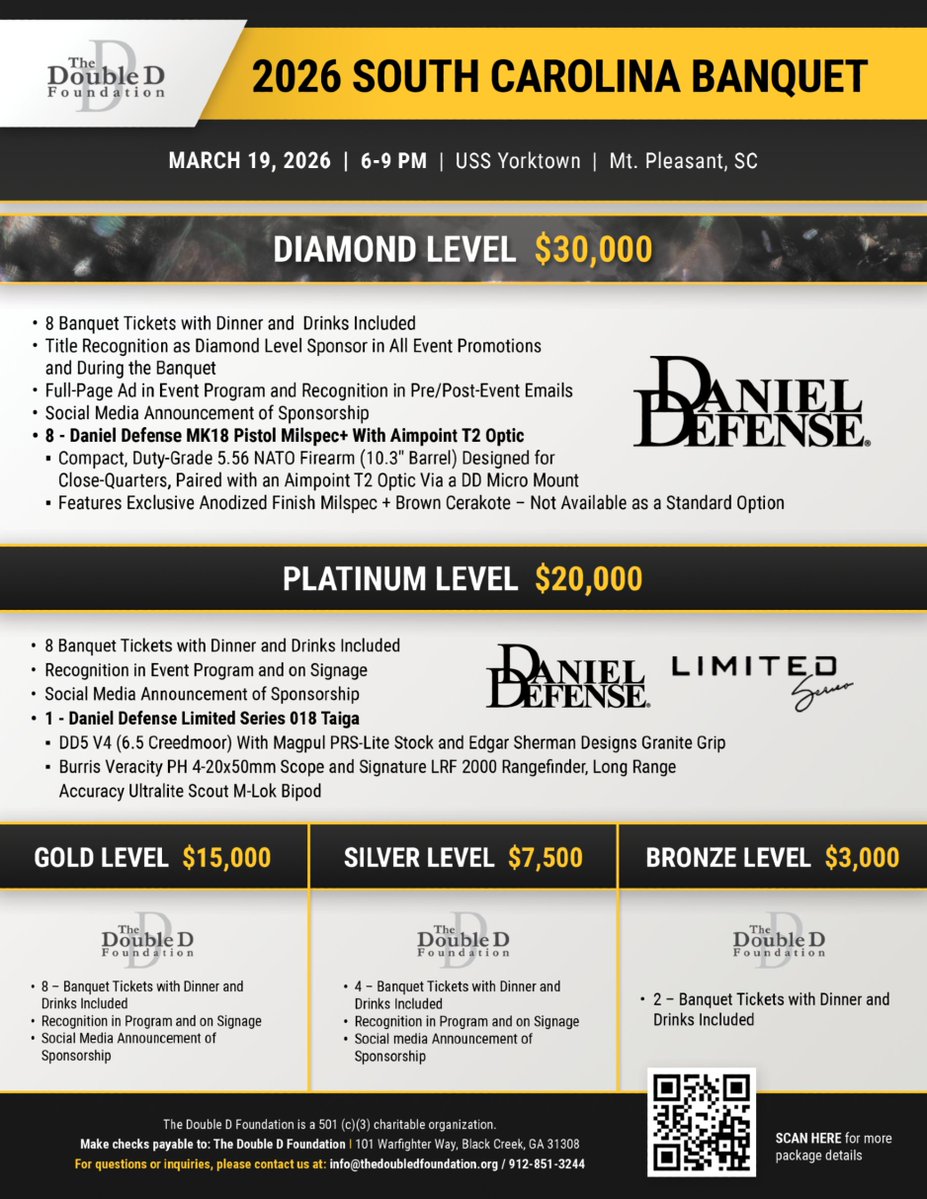 The Bronze Package is a great way to support The Double D Foundation. It includes two seats with dinner and drinks aboard the historic USS Yorktown. Learn more and secure the Bronze Level here -> bit.ly/3O0tRdo