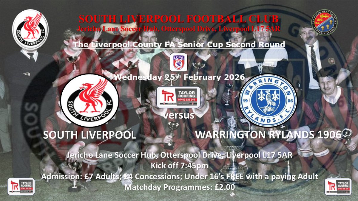 UP NEXT ⚪️⚫️🔴

📆 Wed 25/02/26
⚽️ @RylandsFC
🏆 <a href="/Liverpool_CFA/">Liverpool FA</a> Senior Cup Second Round
⏱️ 7:45pm
📌 Jericho Lane Soccer Hub L17 5AR
💰 Admission: £7 Adults; £4 Concessions 
📚 Matchday Programmes: £2
🍴 Cafe located in main Hub building

#SupportYourLocalClub
#ComeOnTheSouth