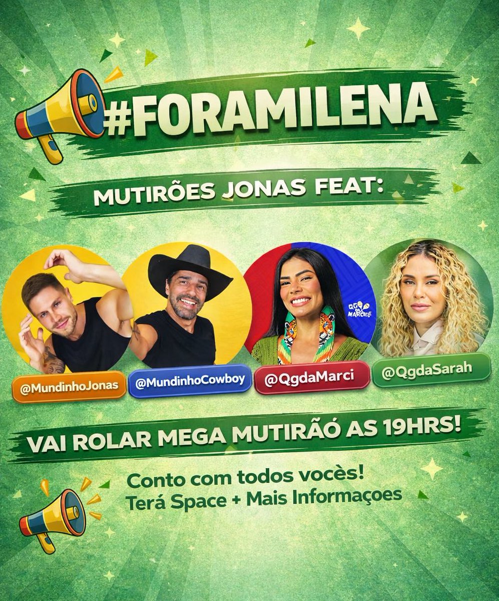 🚨 É HOJE! 🚨

Às 19H tem mega mutirão! 💥 
Feat: <a href="/QGdaMarci/">QG da Marciele 🪇</a> <a href="/QGdaSarah/">QG da Sarah</a> <a href="/MundinhoCowboy/">Mundinho Cowboy🤠</a> <a href="/MundinhoJonas/">Mundinho Jonas ⚡️</a> 
 
Conto com todos vocês 🤝