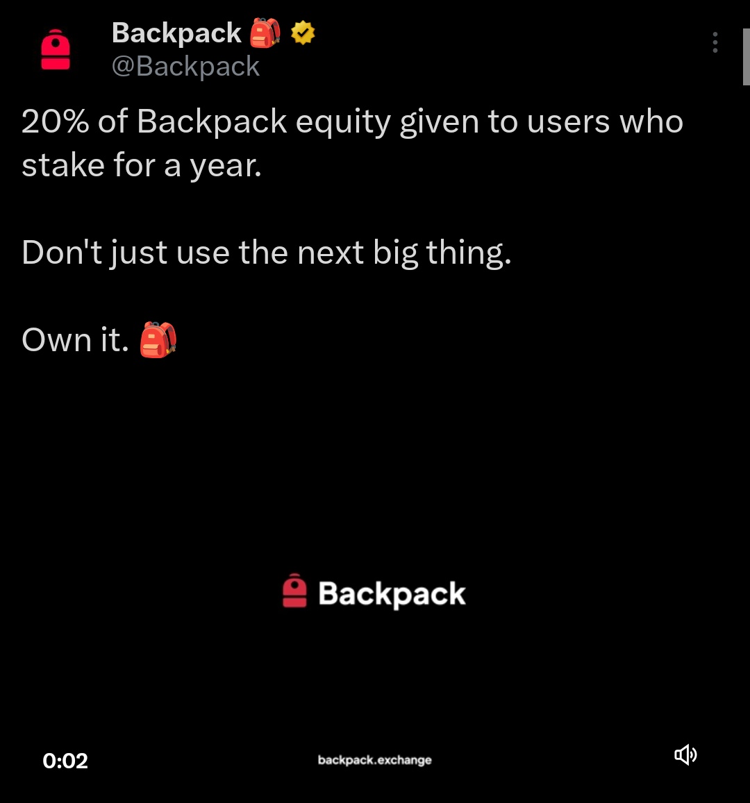 This announcement look very good

Backpack announced 20% of Backpack equity will be given to users who stake for a year

That's is something of new, i will stake my tokens, the project for me is very interesting from the start

On 2024-2025 i used only 3 perp

Lighter -