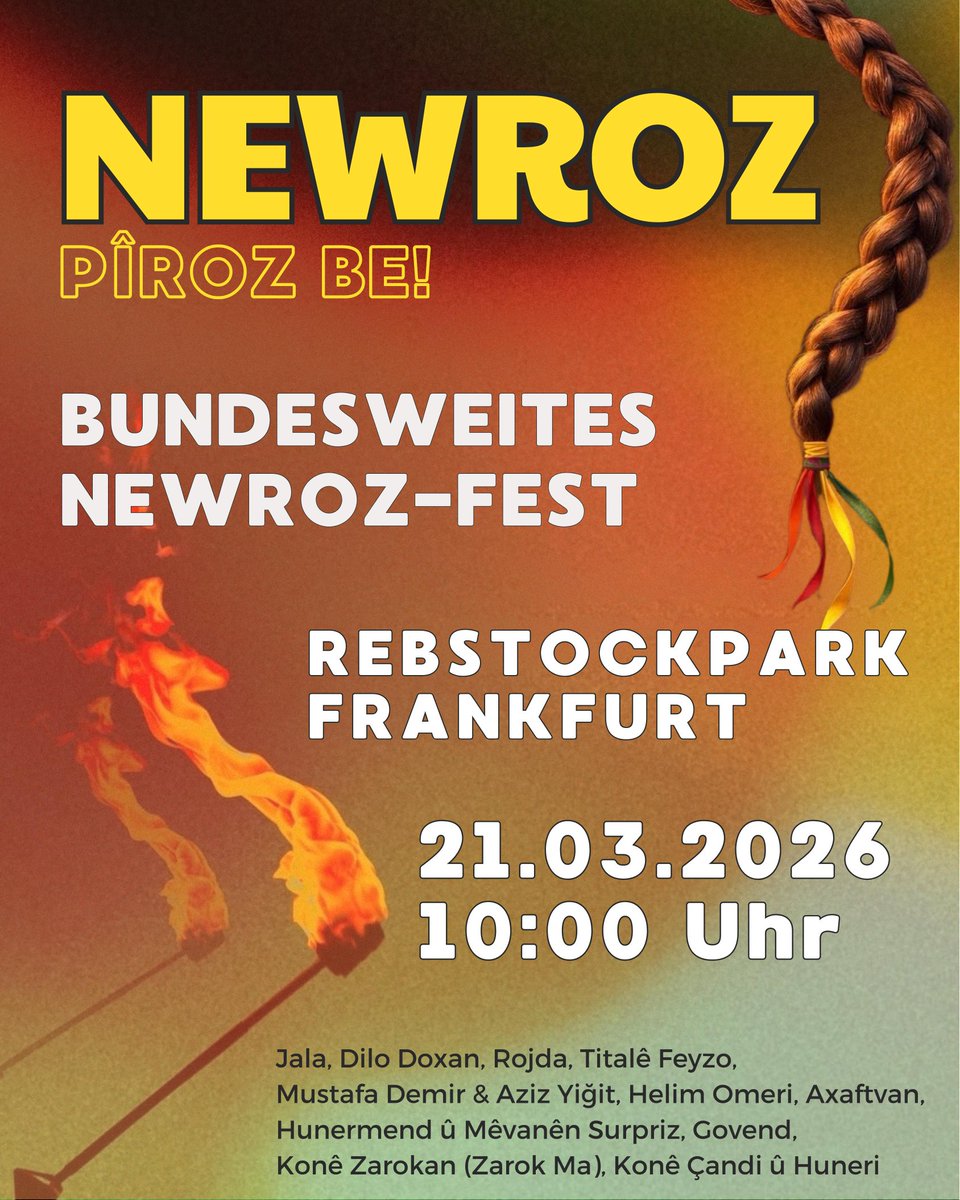 KonMed4's tweet photo. 🔥🕊️✊🏽✌🏽

KON-MED ruft zu „Newroz der Einheit“ in Frankfurt auf

Mobilisierung für die Newroz-Feier am 21. März. Angesichts der Angriffe auf Rojava u. wachsender Spannungen im Nahen Osten soll das Fest ein Zeichen für Frieden, Demokratie u. Einheit setzen

https://t.co/53KYo5WXWE https://t.co/AEV4yrcqy8