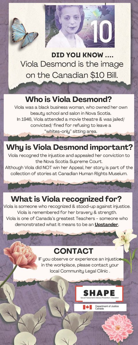 LAW_Windsor's tweet photo. On #WorldDaySocialJustice(2026), we are reminded of a true #Canadian #Upstander, #ViolaDesmond- someone who recognized and stood-up against injustice. May we ALL carry her strength, courage and #Standupto #Injustice. #BlackHistoryMonth
#SHAPEYourWorkplace #SHIWproject #DOJ https://t.co/iqzwGszojl