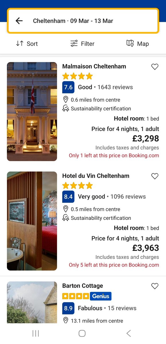 racingblogger's tweet photo. Cheltenham Festival prices for four nights accommodation at the Festival:

Is it any wonder so many people watch it in a pub or go on holiday with rip-off prices like this?

#CheltenhamFestival 🚨🚨🚨 https://t.co/io40CXtpCV