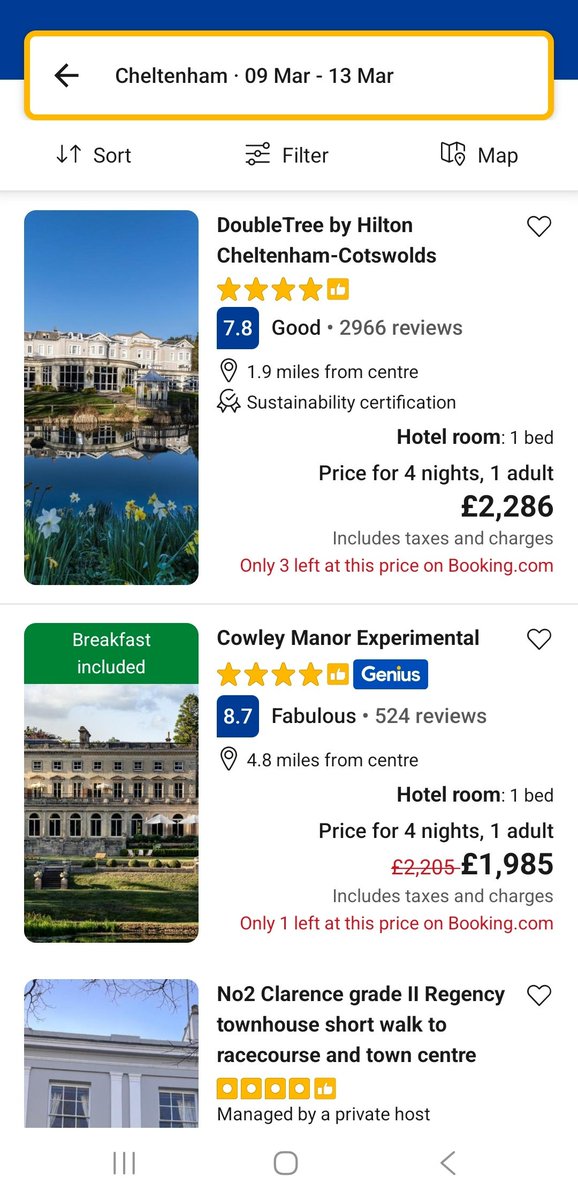 racingblogger's tweet photo. Cheltenham Festival prices for four nights accommodation at the Festival:

Is it any wonder so many people watch it in a pub or go on holiday with rip-off prices like this?

#CheltenhamFestival 🚨🚨🚨 https://t.co/io40CXtpCV
