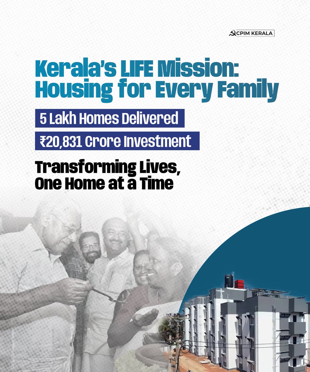 CPIMKerala's tweet image. The LDF Govt’s LIFE Mission, launched in 2016, has completed 5 lakh homes, a key step toward a Kerala without homelessness. State-level celebrations of this achievement will be held on Feb 24 in Thiruvananthapuram.1/3