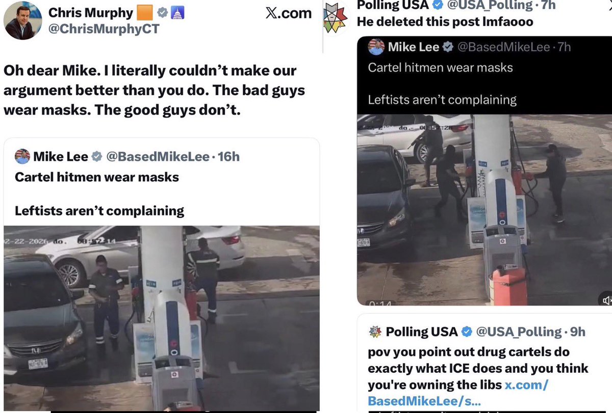 TheTNHoller's tweet image. ICYMI — Utah Republican Senator @BasedMikeLee realized he helped Dems make the point that ICE wearing masks makes them like the cartels… so he deleted the tweet 🤡