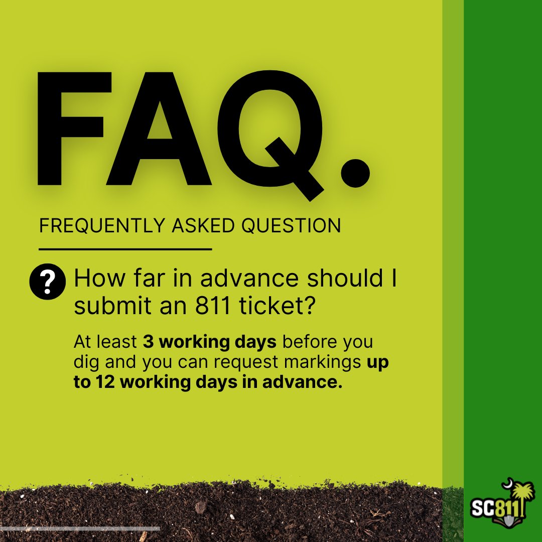 sc_811's tweet image. Thinking of digging? Submit your 811 ticket at least 3 working days in advance so locators have plenty of time to mark lines and your project goes smoothly.

#FAQ #DigSafe #Everydigeverytime #SC811