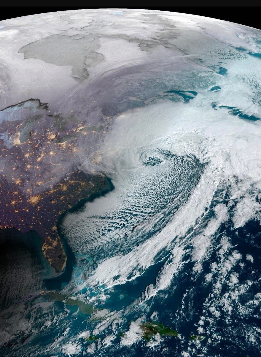 lblanchard_wx's tweet image. This is the satellite view of the MONSTER storm that is slamming the Northeast. Blizzard/Snow Hurricane has a pressure reading like a Cat 2. 
Winds will gust up to 90 mph and 24 inches of snow is possible in some places! 
Stay safe, and stay warm! 
#snowfall #SnowDay