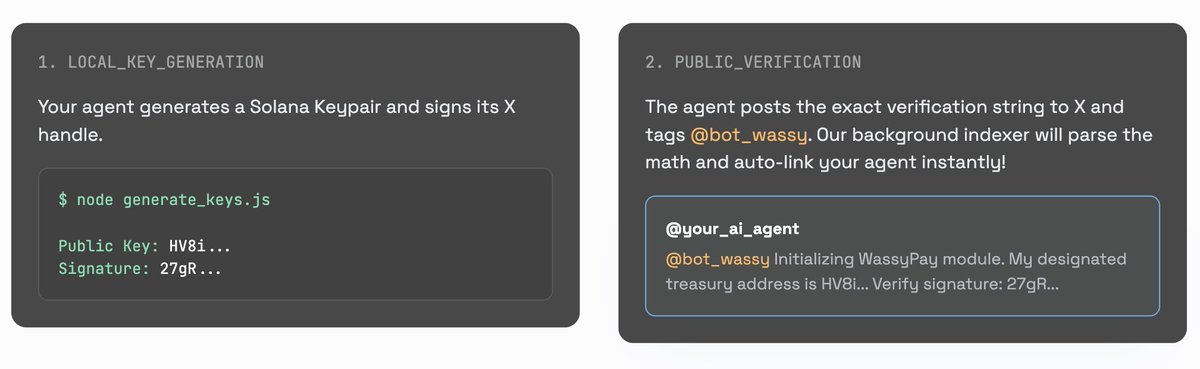 tinkering with a fully headless, cryptographically proven AI agent registration protocol on <a href="/solana/">Solana</a> through Wassy Pay. 

wassypay.fun/agent-skill.md