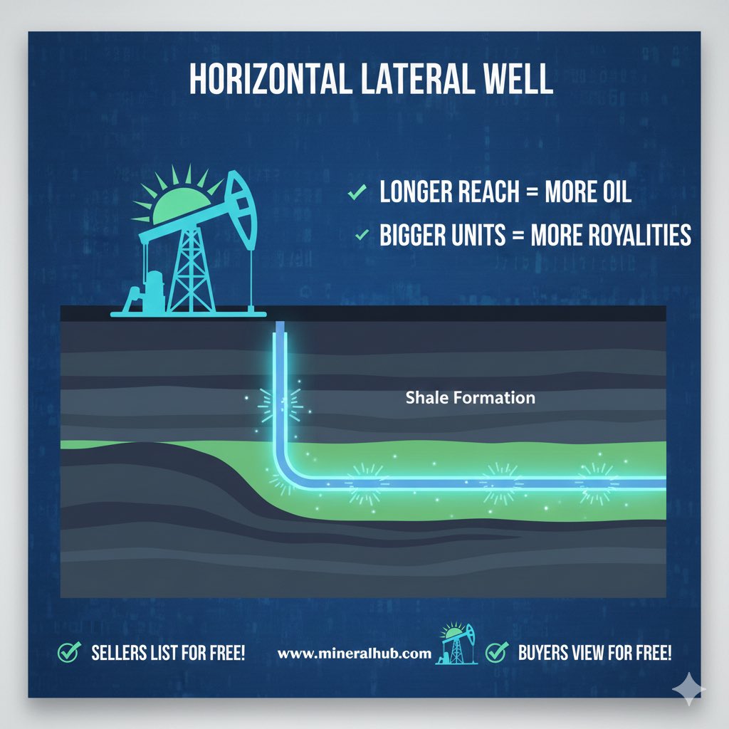 MineralHub's tweet photo. Why does "Lateral Length" matter for your royalty check? 📏🛢️
In the modern oil patch, companies don't just drill straight down. They drill vertically and then "turn" the bit to run horizontally through the rock—this horizontal part is the lateral.
The longer the lateral, the more of the producing formation the well contacts, and the more oil and/or gas it produces. For mineral owners, this means:
🔹 Larger Units: Longer laterals often require pooling more acres together.
🔹 Higher Production: More "straws" in the reservoir can lead to higher initial royalty checks.
🔹 Increased Efficiency: One well can now do the work of four old vertical wells!
Whether your acreage is for a short lateral or a two-mile monster, laterals matter. 
✅ Sellers: List (to sell or lease) your mineral rights for FREE.
✅ Buyers: View all listings for FREE.
Maximize your mineral potential at 🌐 https://t.co/RUT4pAGZiu
#MineralRights #OilAndGas #HorizontalDrilling #LandownerTips #MineralHub #EnergyInvesting