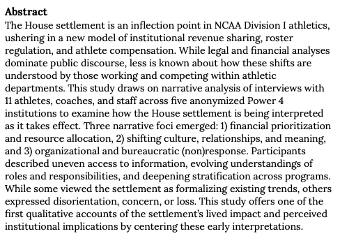 JIIAJournal's tweet photo. New Research on House Settlement Impact!

House Rules: Athlete, Coach, and Staff Perspectives on the Shifting NCAA Landscape

Daniel Springer

#HouseSettlement https://t.co/gyGIGTmAG6