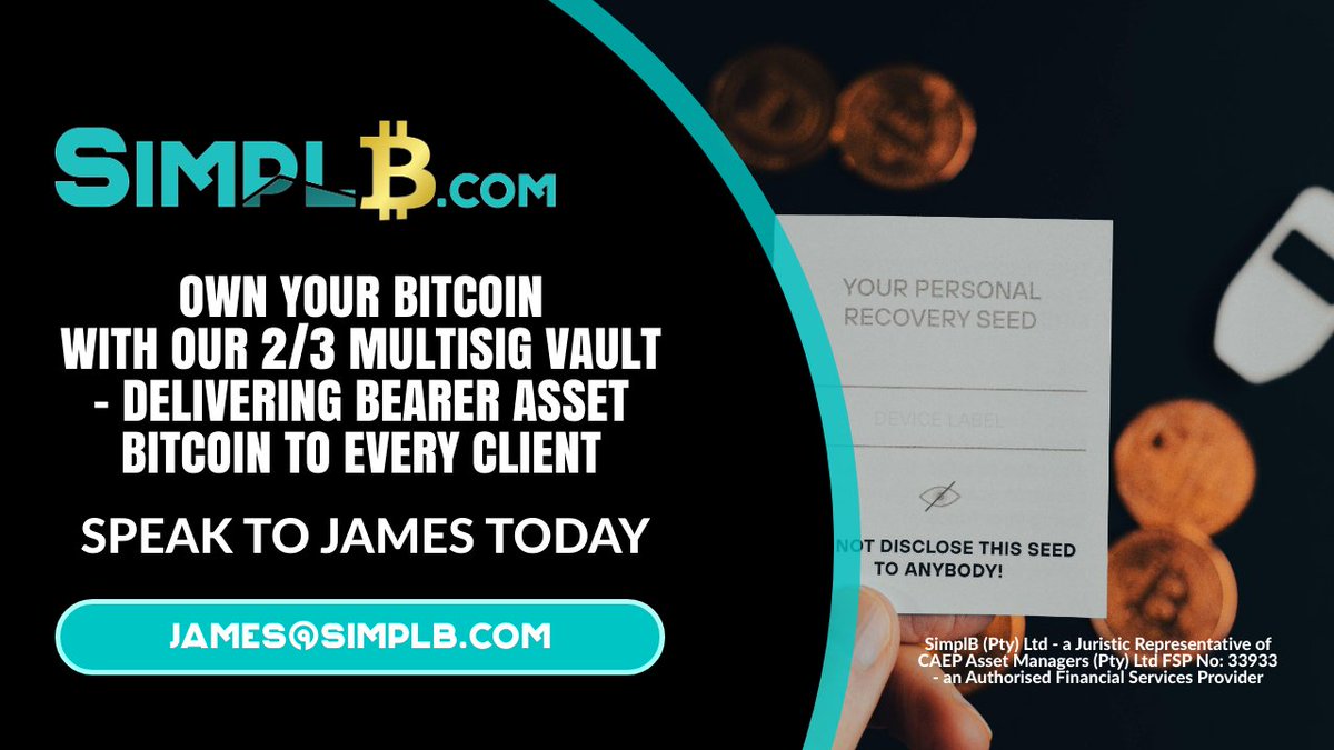 SimplBitcoin's tweet photo. I met a #Bitcoin newbie over the weekend. He's exploring an allocation for his company. Primary concern: "We need to own our bitcoin." The SimpleVault is the only regulated way to self-custody your corporate Bitcoin in ЁЯЗ┐ЁЯЗж.
#SimplB https://t.co/n5i1SJtva3 https://t.co/muGTGaes3P