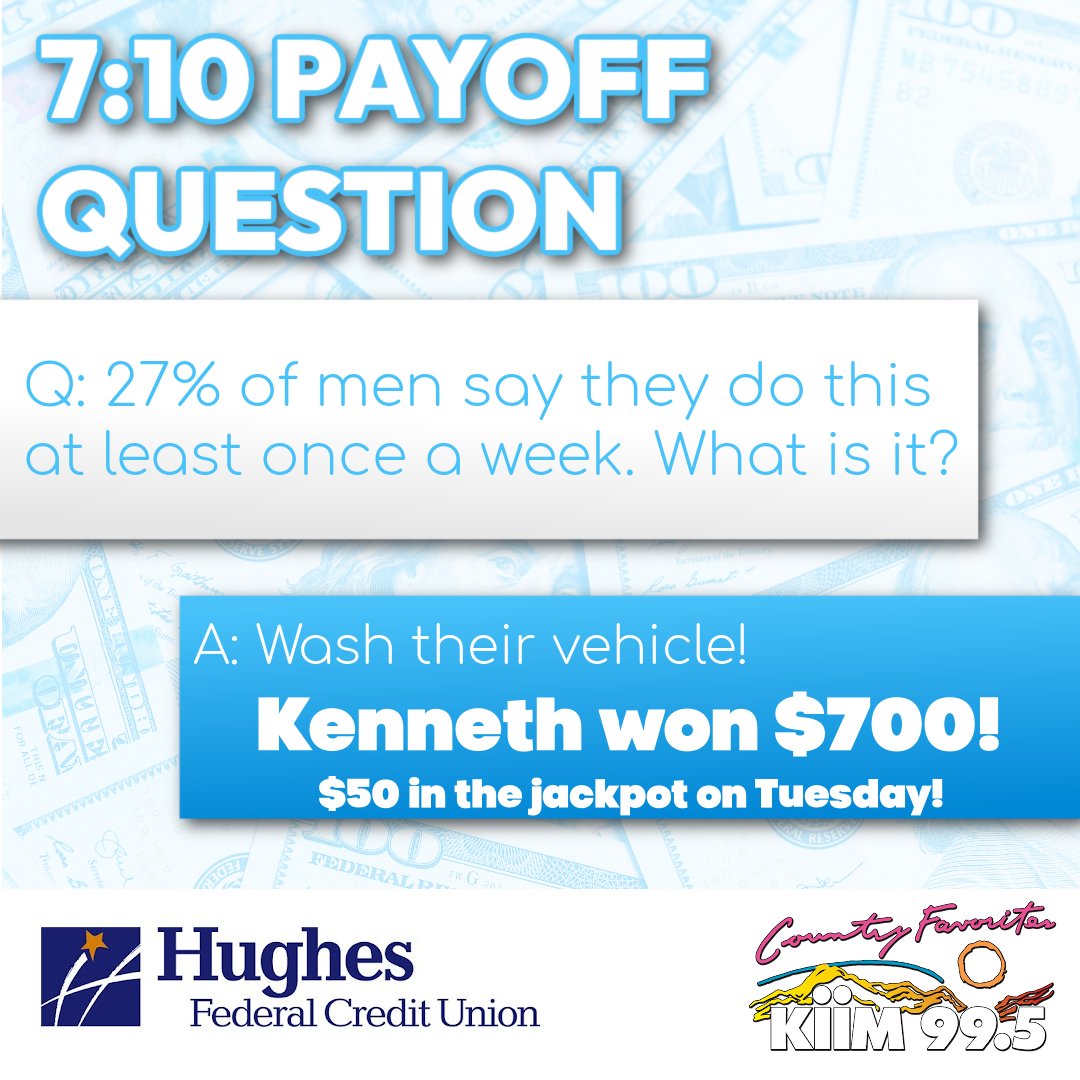 Listen to Max, Shannon &amp; Porkchop Tuesday (2/24) morning for your chance to win the $50 jackpot with the 7:10 Payoff Question!⁣⁣ ⁣🤠
⁣
Sponsored by Hughes Federal Credit Union!