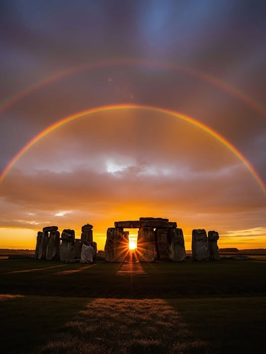 astrooalert's tweet photo. A double rainbow at sunset today over Stonehenge 🌈🗿 https://t.co/sAJKFLv2UI
