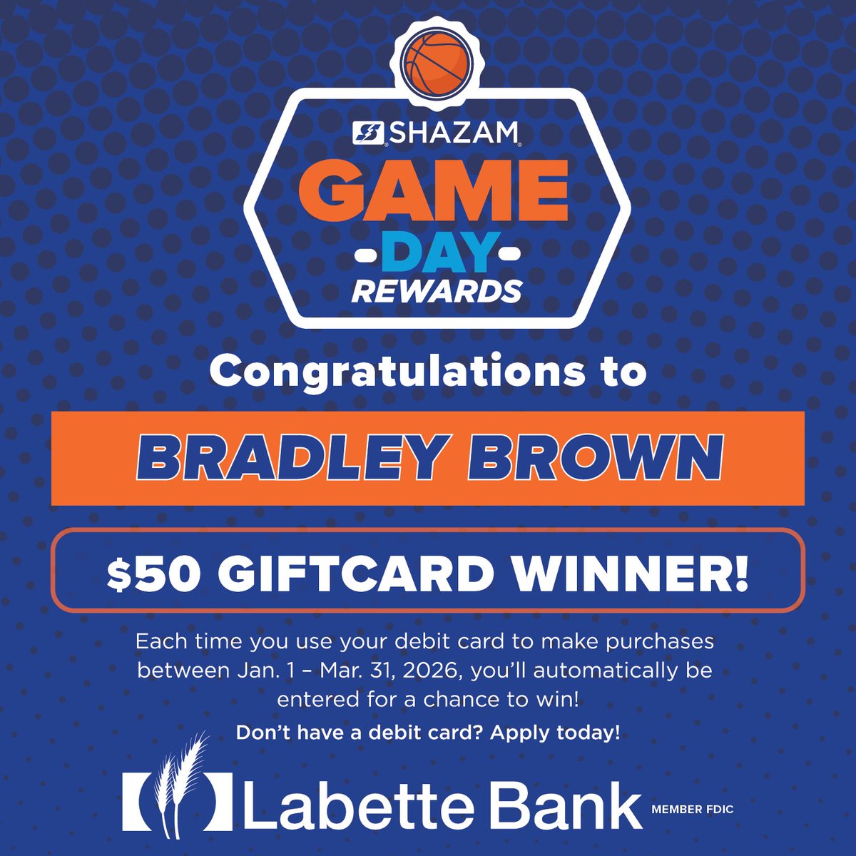 Congratulations to Bradley Brown—winner of a $50 gift card! Your chances to win increase with every debit card purchase you make. See the rules: shazam.net/services/marke…