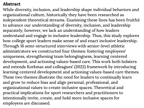 JIIAJournal's tweet photo. New Research!

Exploring Sport Leaders’ Sensemaking and Enactment of Inclusive Leadership

Elizabeth Taylor
Sean Dahlin
Janelle Wells
Erika Gray

https://t.co/ovdACoOIX4 https://t.co/gq4oXHCKQT