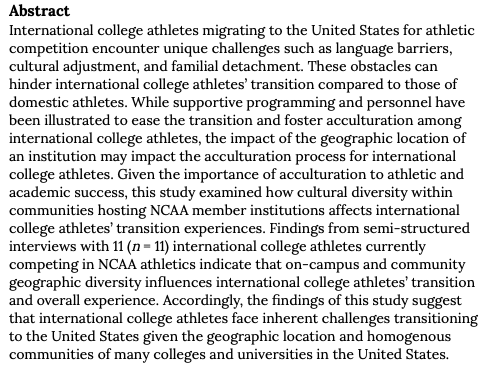 JIIAJournal's tweet photo. New Research!

The Impact of Geographic and Community Diversity on the Transitionary Experiences of International College Athletes

Marek Taškár
Chris Corr
Nicole Sellars
Sarah Stokowski
Karina Jolly
Trevor Bopp

https://t.co/58oF83KWgD https://t.co/nsDiSzpN58
