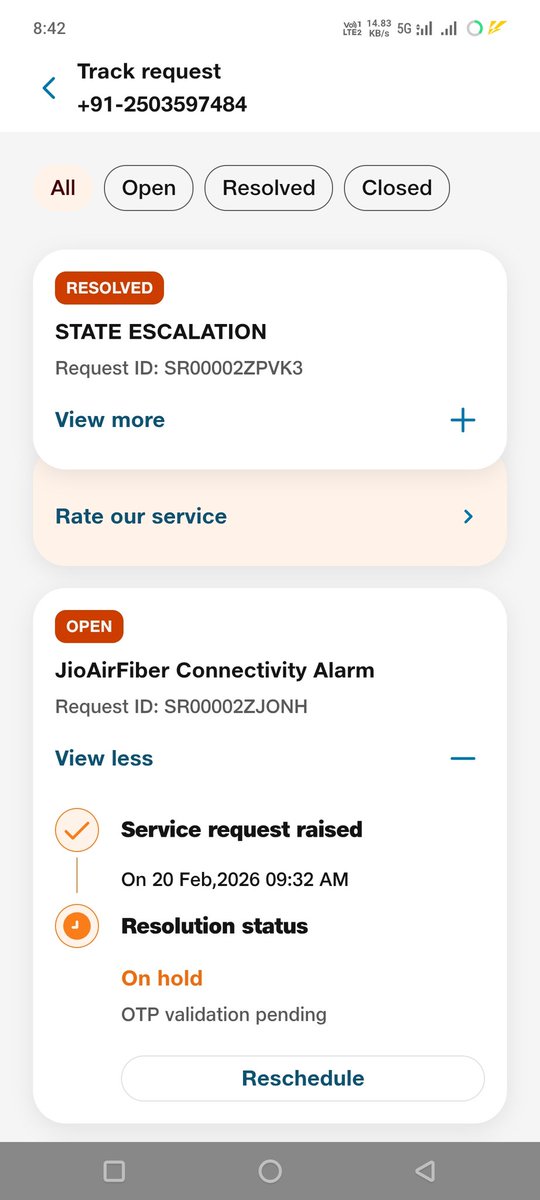 AdarshKudre's tweet photo. @jiocare
Day 5 of no connectivity &amp; the engineer visited today has closed the service request on which basis I don't know. 
I'm really frustrated now with the service &amp; still not getting any resolution is like "Jiocare doesn't Care". https://t.co/5qsVOA4XLM