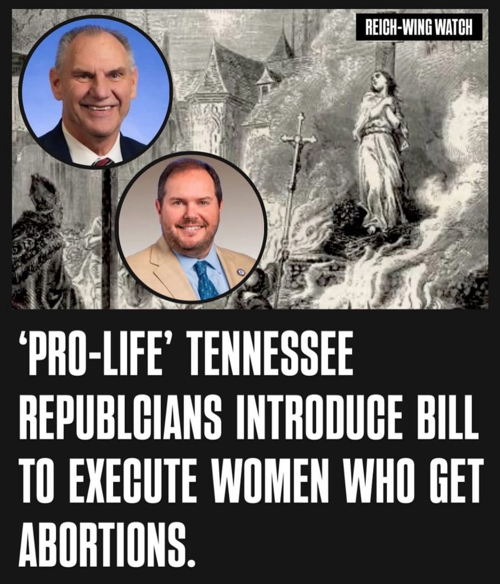 RealTamie's tweet photo. ‼️‼️ABSOLUTELY OUTRAGEOUS‼️
❓And are they executing the men for getting women pregnant when they don’t want to be? Where’s the accountability??
🚨A dangerous amendment has been drafted in the Tennessee General Assembly that result in the death penalty for women who get abortions.

The amendment — sponsored by Rep. Jody Barrett, R-Dickson, and Rep. Mark Pody, R-Lebanon — attached to House Bill 570 and its Senate counterpart would alter existing homicide laws to count harms to fetuses the same as a fully formed child outside the womb. That means prosecutors could charge someone who obtains an abortion with fetal homicide — a charge that, under Tennessee law, carries penalties ranging from life in prison to the death penalty.

Right now, Tennessee already bans abortion from the point of fertilization, with limited legal defenses for doctors under specific circumstances, but the proposed changes would go further by removing explicit protections for pregnant patients and folding abortion cases into the state’s broader homicide framework. 

The bill is still under review in committee and has not yet been scheduled for a vote. 

State abortion law remains among the strictest in the nation, and this proposal reflects how extreme republicans have gotten when it comes to reproductive healthcare.