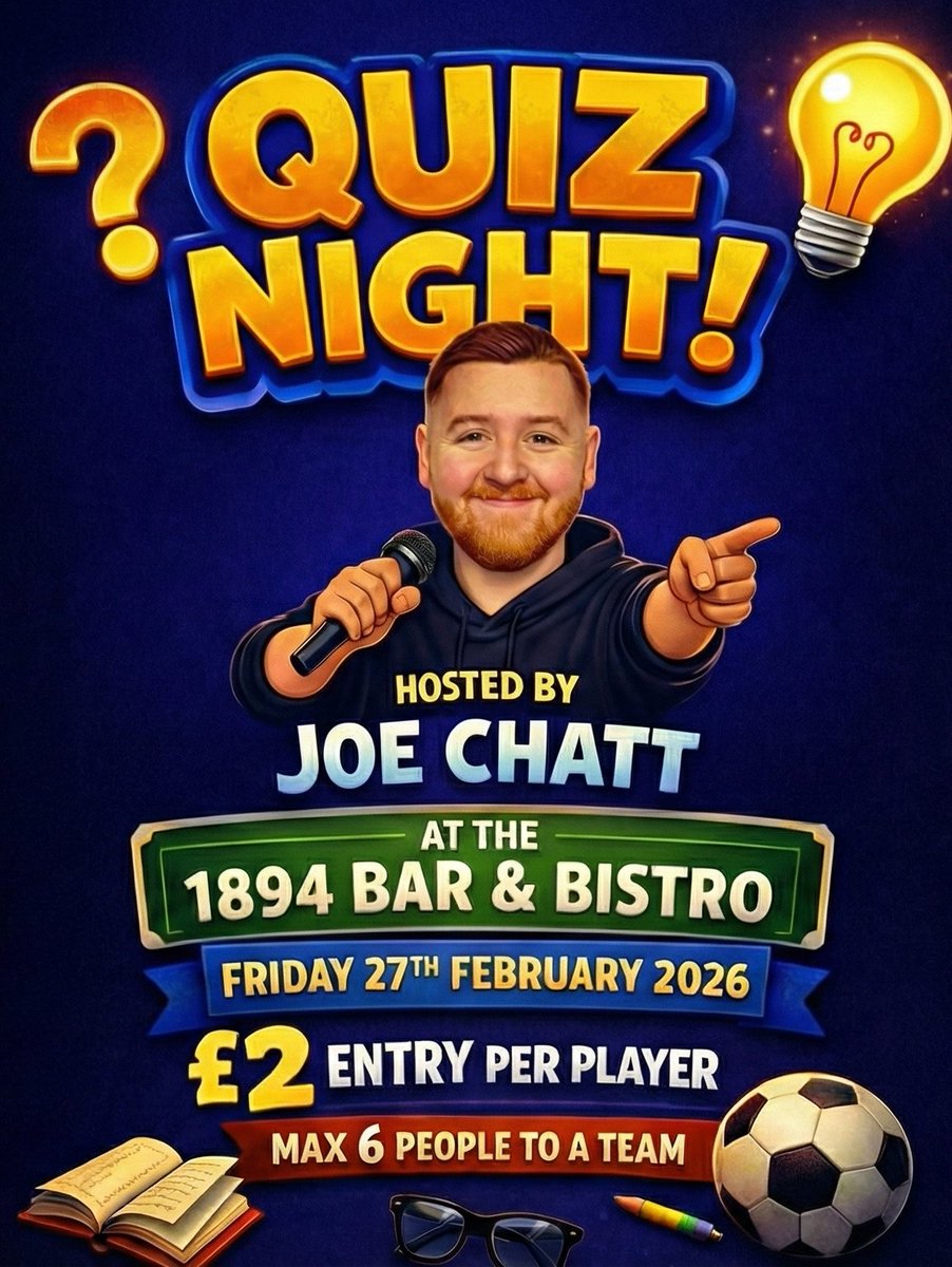 The ultimate Crosby weekend starts HERE! 🏆

Friday: Joe Chatt’s 1894 Quiz Night 🧠
Saturday: FA Trophy Quarter-Final ⚽️

Think your team are the Brains of Crosby? 

📍 1894 Bar &amp; Bistro
⏰ Fri 27 Feb, 8 PM
💰 £2 per player (Max 6 per team)

Get the squad together! 🍻