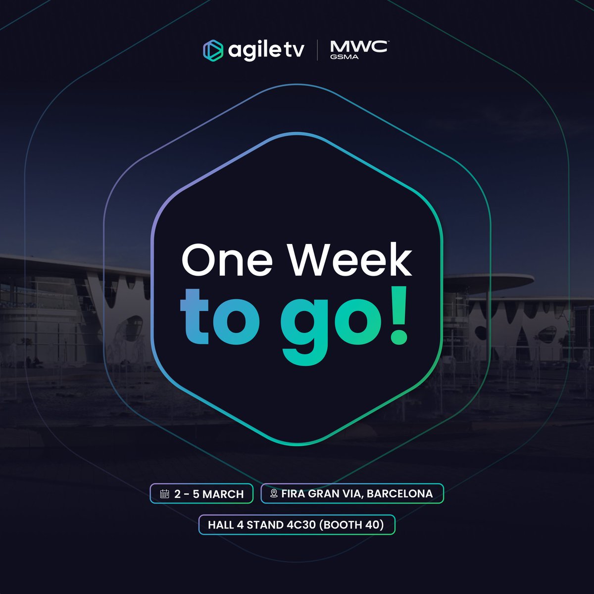 ⏳ 1 week to go until <a href="/MWCHub/">MWC</a> 2026 in #Barcelona.

#AgileTV will be there showcasing how telcos &amp; ISPs can launch, evolve and monetize TV services with a fully managed, end-to-end platform built for long-term profitability.

📅 Let’s meet at MWC! eu1.hubs.ly/H0s1grx0

#TVaaS