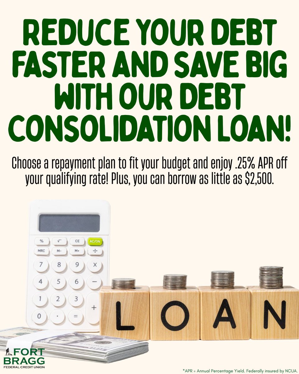 Reduce your debt faster and save big with our Debt Consolidation Loan!  Choose a repayment plan to fit your budget and enjoy .25% APR off your qualifying rate! Plus, you can borrow as little as $2,500. But act fast – applications must be submitted by February 28th!
