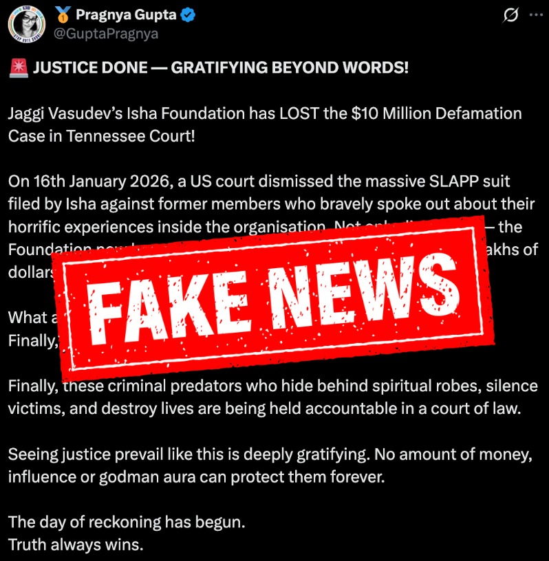 ManiYogini's tweet photo. After the massive success of MSR 2026, the usual toolkit gang seems rattled.
Now misinformation is being pushed around like a coping mechanism,  almost as if they’re applying burnol to soothe the burn instead of accepting the reality. 

❌ NO fine has been issued on @SadhguruJV by any court, not even a single dollar, 
⚖️  Sadhguru has NOT lost any case
✅ In FACT, Sadhguru has never lost a single case.