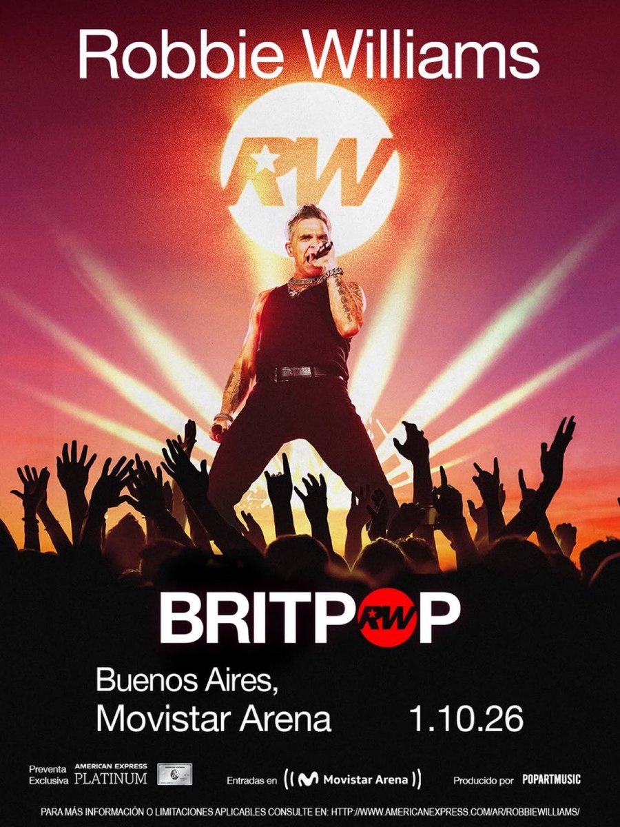 ROBBIE WILLIAMS EN ARGENTINA!

📅 1 de octubre
🏟️ Movistar Arena
🎟️ Entradas en movistararena.com.ar

💳 Preventa exclusiva con AMEX Platinum desde el martes 24/02 a las 12:00 hs
👉🏻 Venta general a partir del jueves 26/02 a las 12:00 hs
#RobbieWilliamsArgentina #robbiewilliams