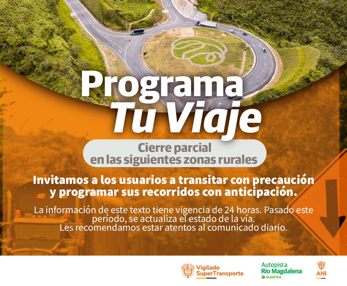 Informe diario 

Debido a trabajos de mantenimiento en la vía encontrará paso restringido y controlado a un carril en el siguiente sector:
 
• Puerto Berrio 
 Hacienda San Isidro (PR / Km 43) 
Vereda el Brasil (PR / Km 69) 
 
• Maceo
  Glorieta de Maceo (PR / Km 0)